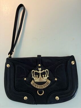 Vintage Juicy Couture Black Leather Wristlet Clutch with Gold Crest Hardware